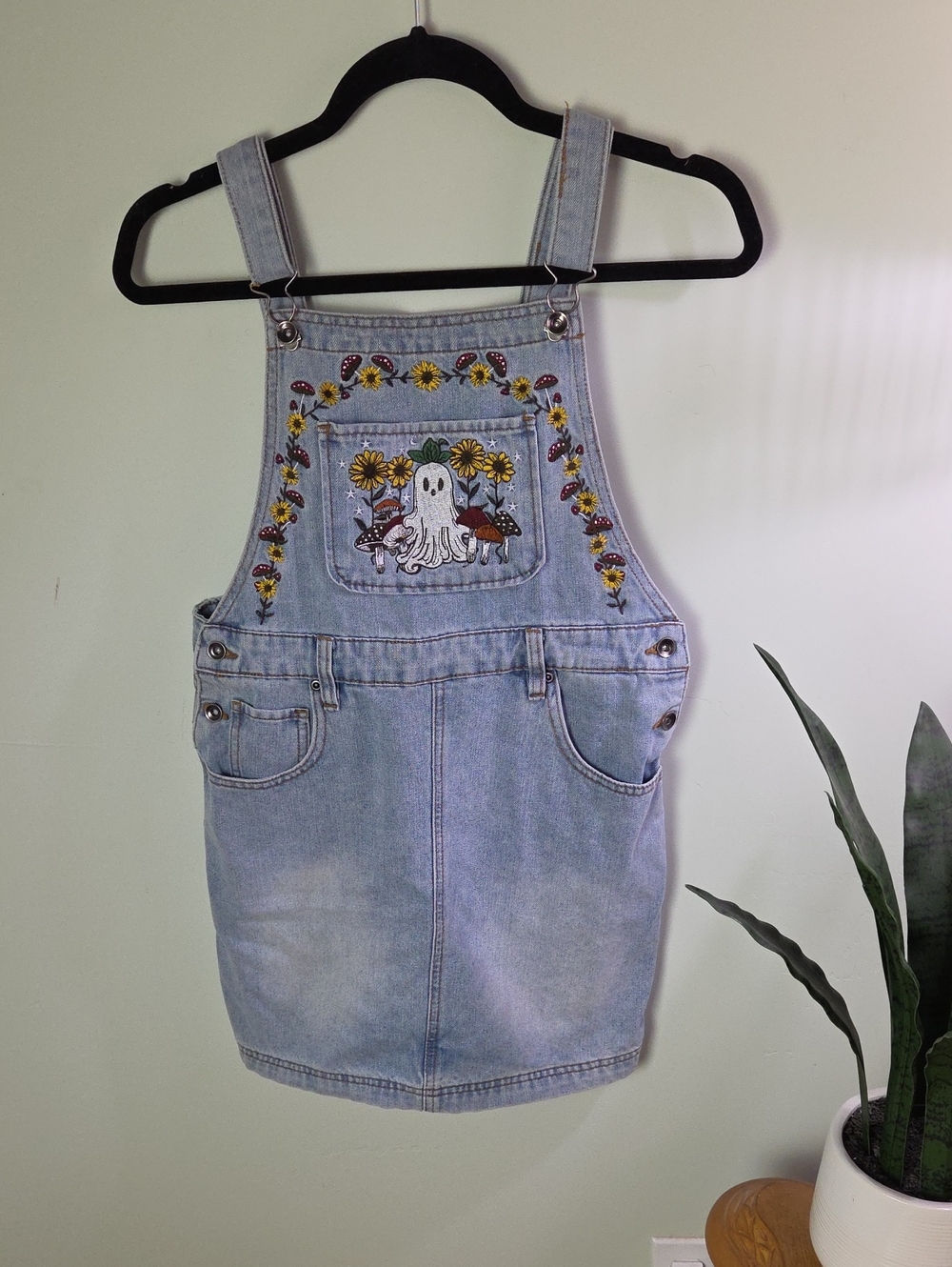 Ghost And Mushroom Embroidered Overall Dress